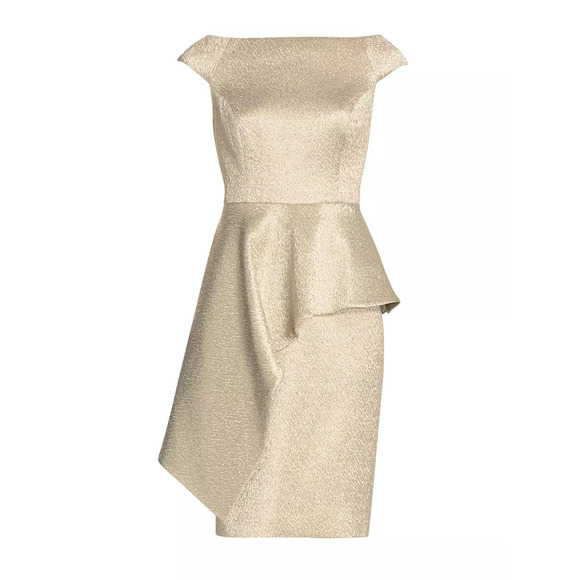 Teri Jon Peplum Cocktail Dress Gold Metallic Ruffle Knee Length Sheath Sz 4 - Picture 5 of 11